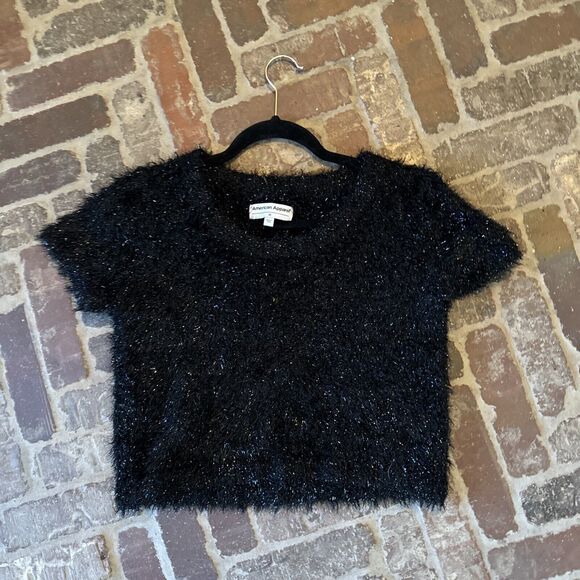 American Apparel Black Fuzzy Short Sleeve Crop‎ Top Side Medium - Picture 1 of 9